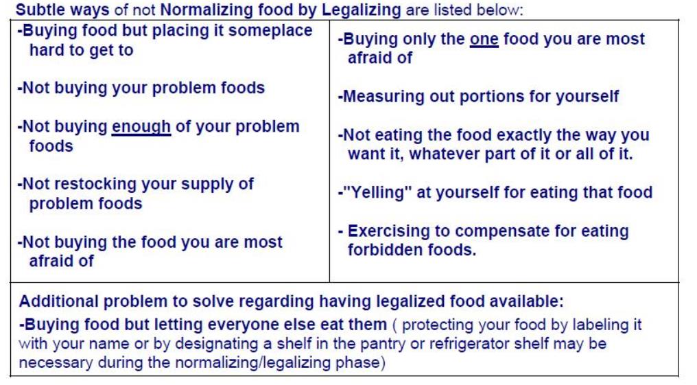 a chart of subtle ways of not legalizing foods that leads to binge eating.